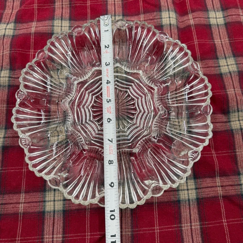 Vintage Clear Pressed Glass Deviled Egg Platter 12 Slot Scalloped Sunburst Tray